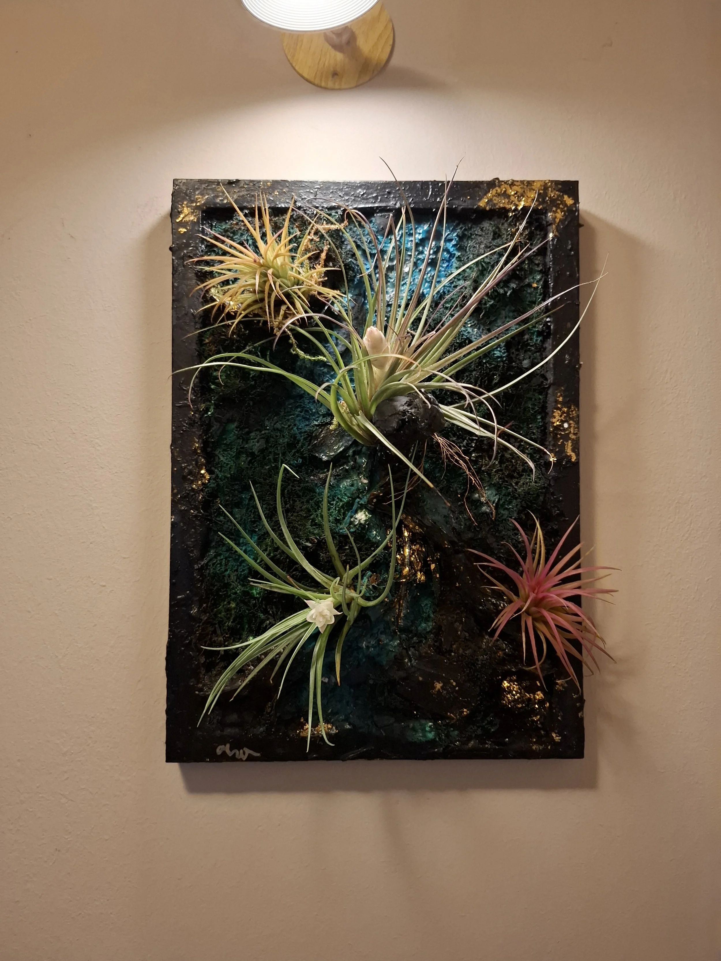 Kunstwerk mit getrockneten und lebenden Pflanzen vor dunklem Hintergrund, an einer hellen Wand aufgehängt, beleuchtet durch eine weiße Deckenleuchte.