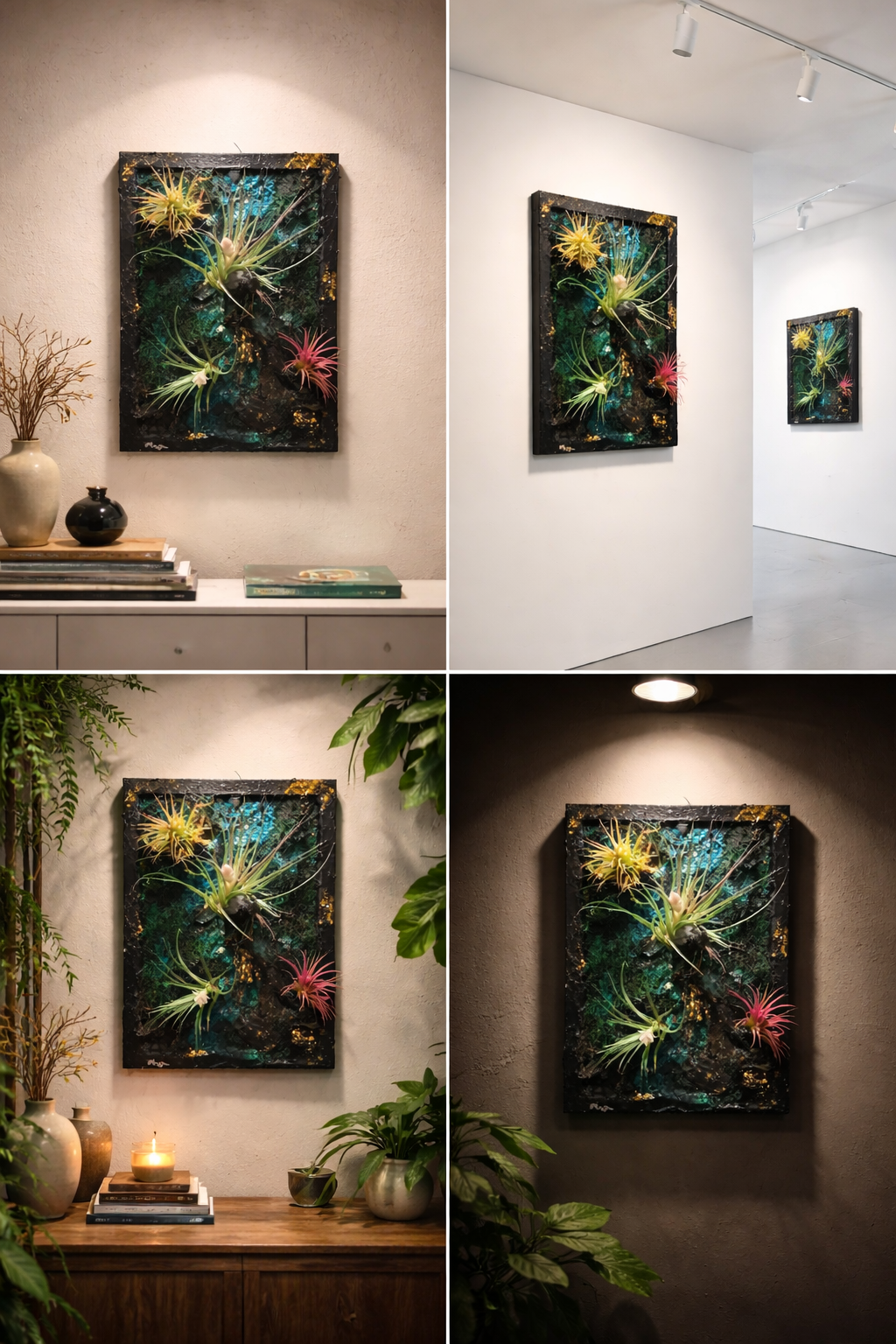 Ein Gemälde mit bunten, pflanzenähnlichen Strukturen in einem Rahmen, das in verschiedenen Umgebungen gezeigt wird.