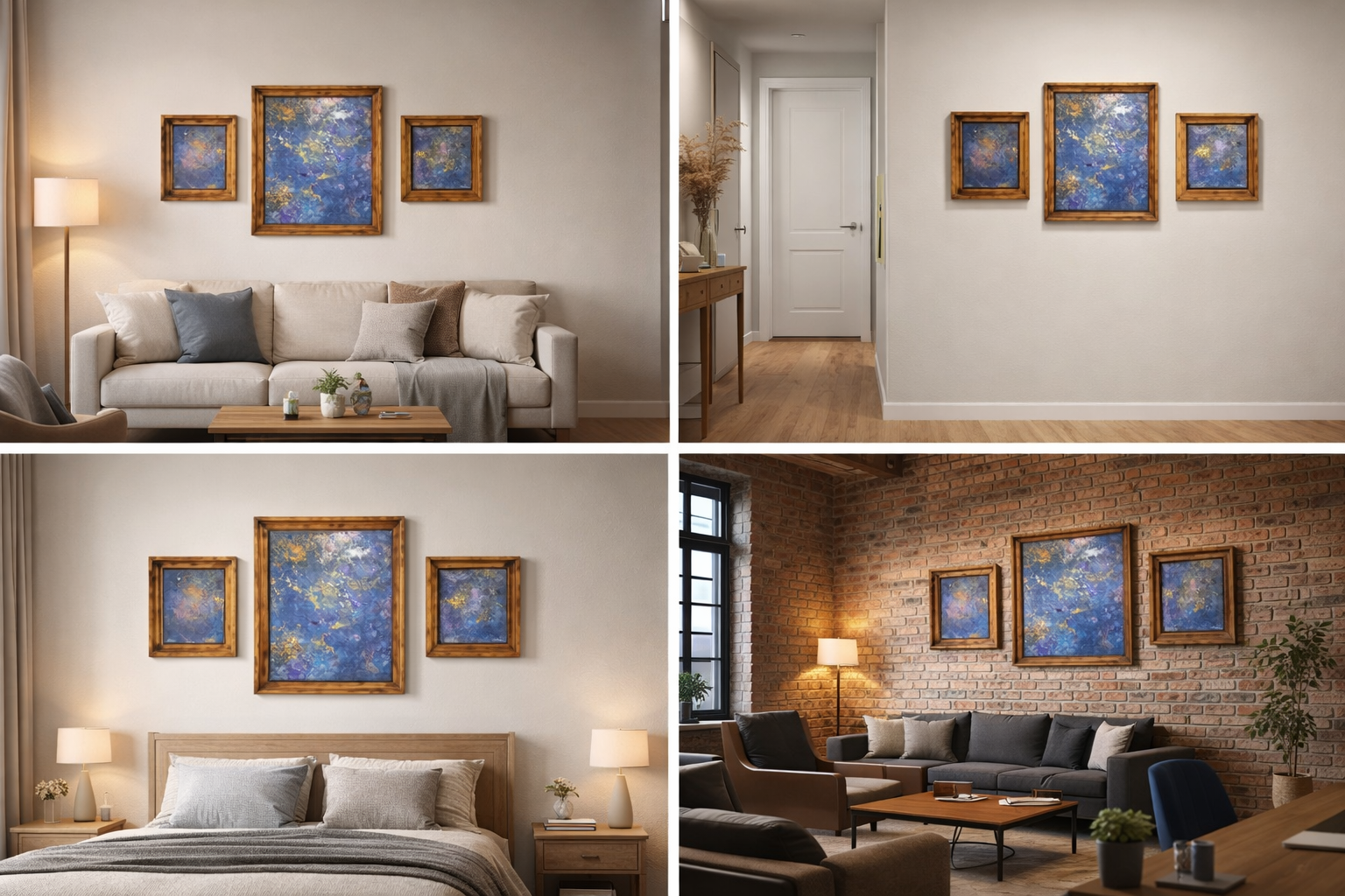 Verschiedene Wohnzimmer mit abstrakten blauen Wandbildern in Holzrahmen, diverse Einrichtungsstile mit Sofas, Tischen und Lampen.