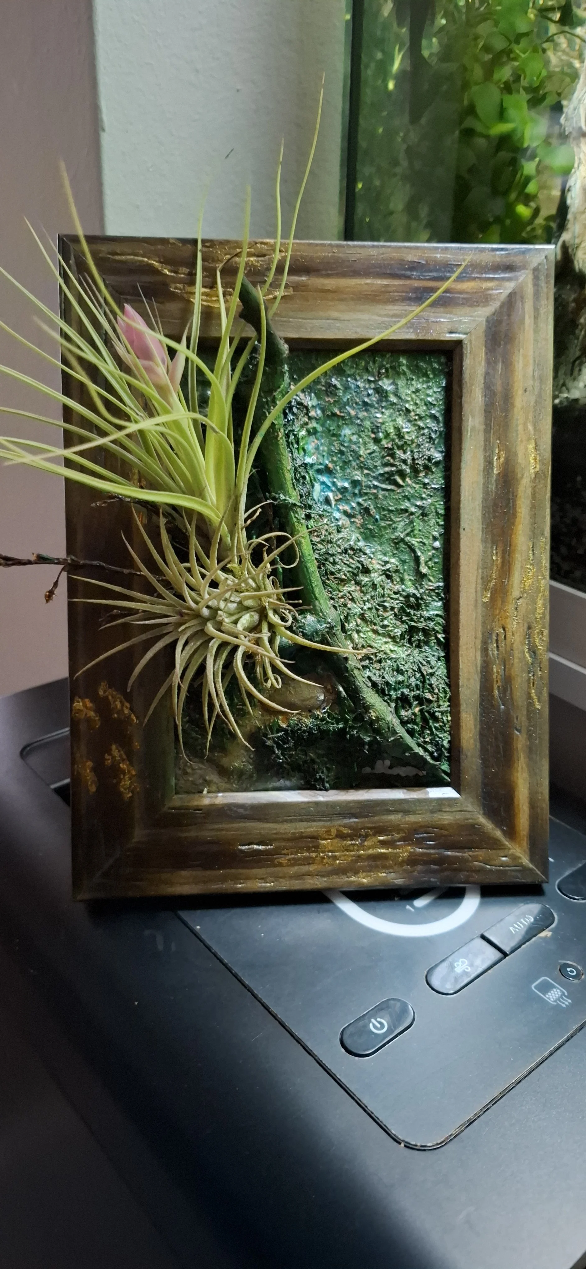 Ein dekoratives Kunstwerk mit einer grünen Pflanze in einem Holzrahmen, das auf einem schwarzen Gerät steht.