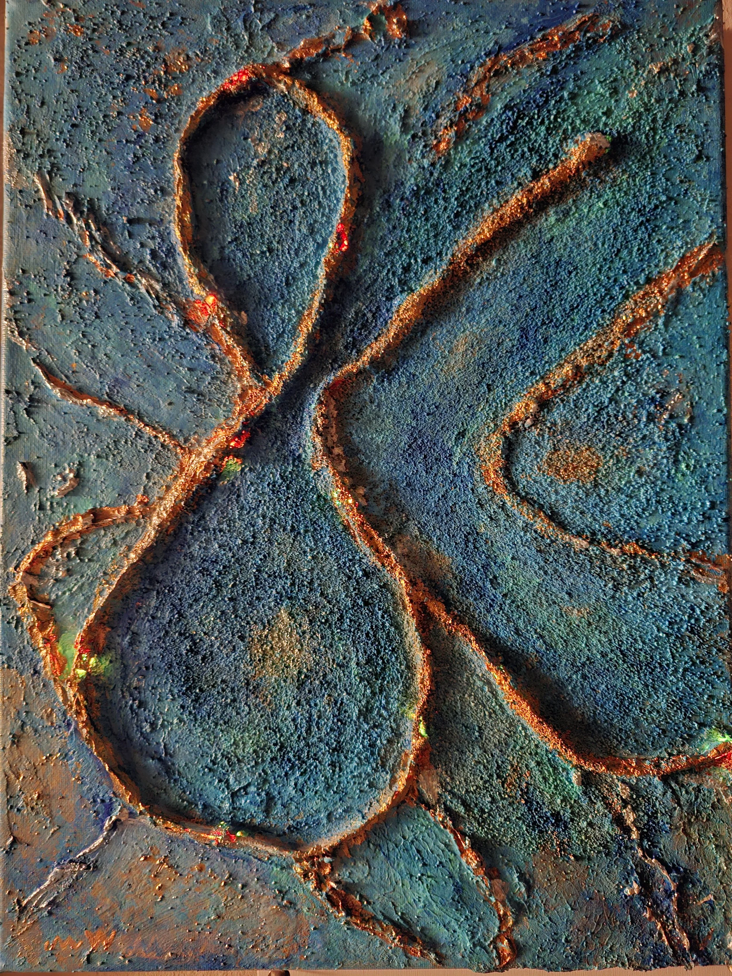 Abstraktes Gemälde mit blauen, grünen und orangefarbenen Strukturen, die an einen Schmetterling erinnern.