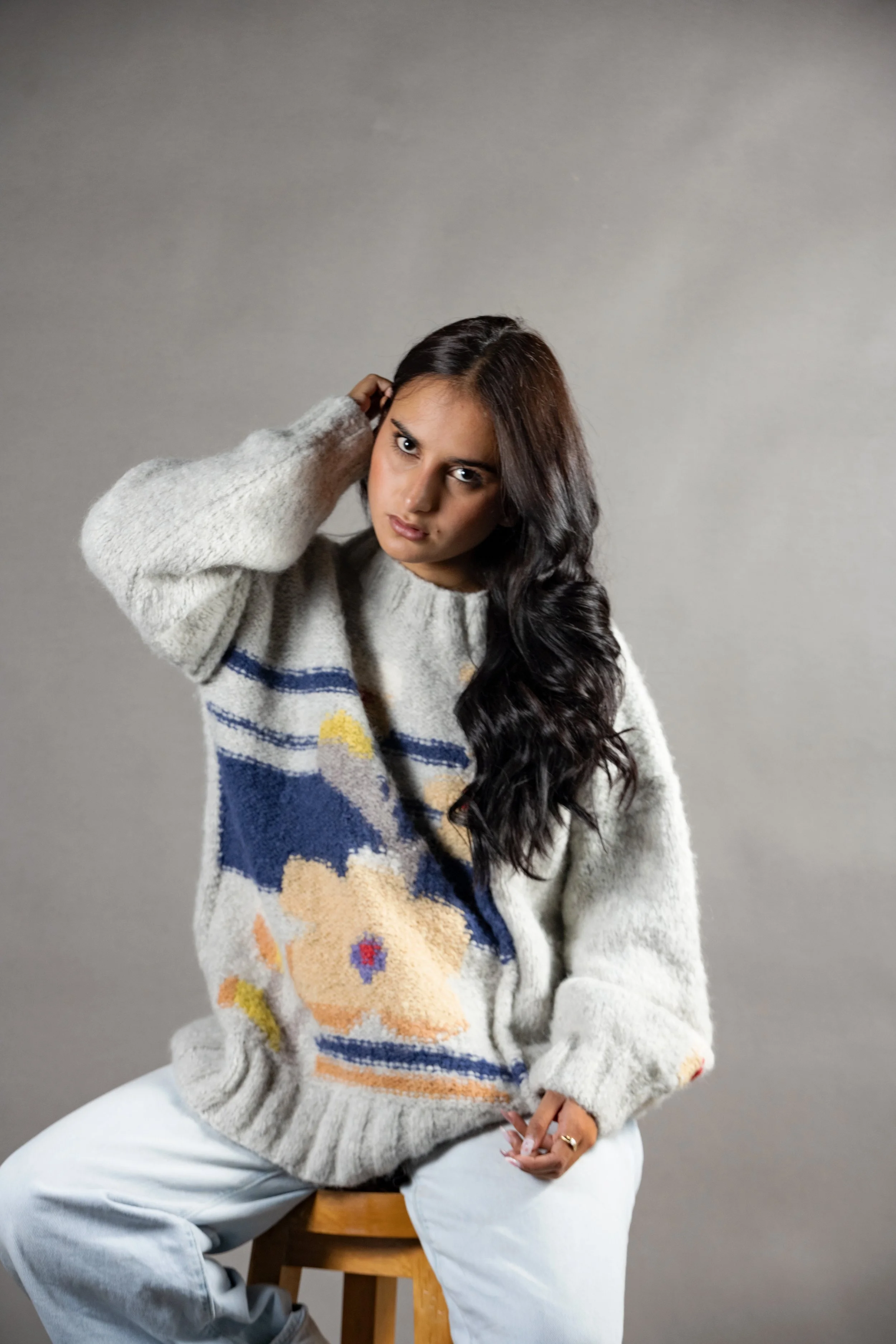 Watercolor handcrafted alpaca sweater artistic knit Harrington Alpaca Studio