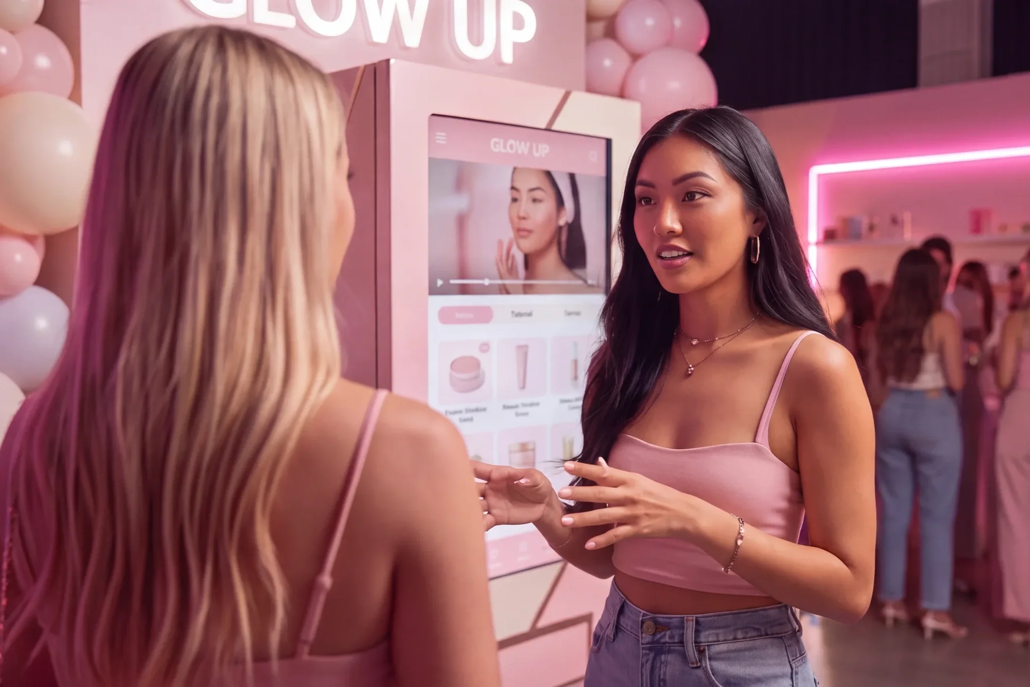 cosmetic event where two women talk with each other in front of a vending machine