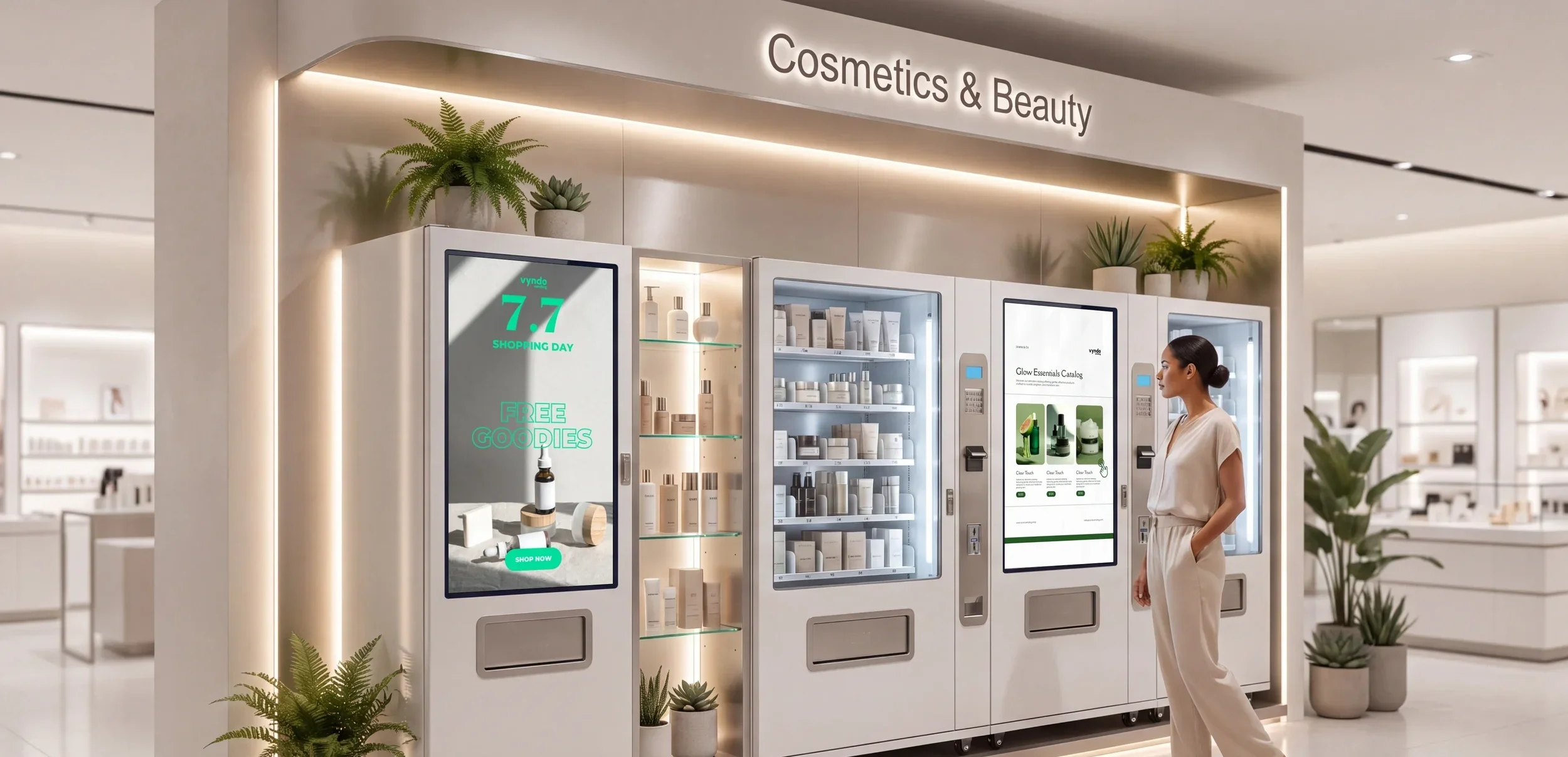 Woman standing  in front of several beauty and cosmetic vending machines