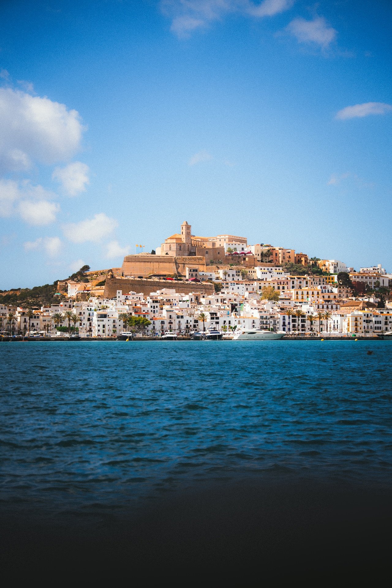 Een uitzicht op een haven met witte gebouwen en een kasteel op een heuvel, onder een blauwe hemel met enkele wolken.
