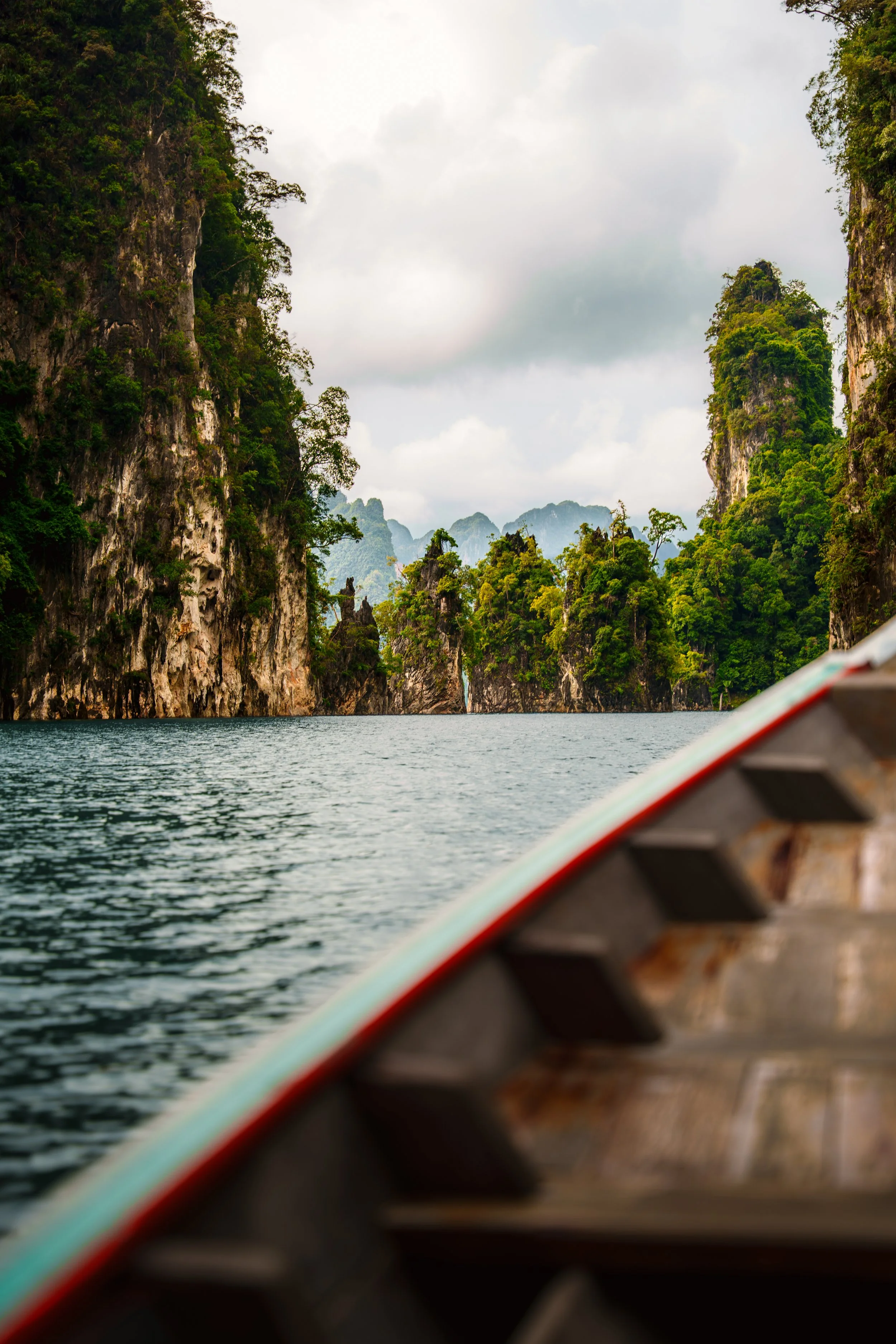 Een boot vaart door een fjord omringd door hoge, groene kalkstenen kliffen en dichte bossen, onder een bewolkte hemel.