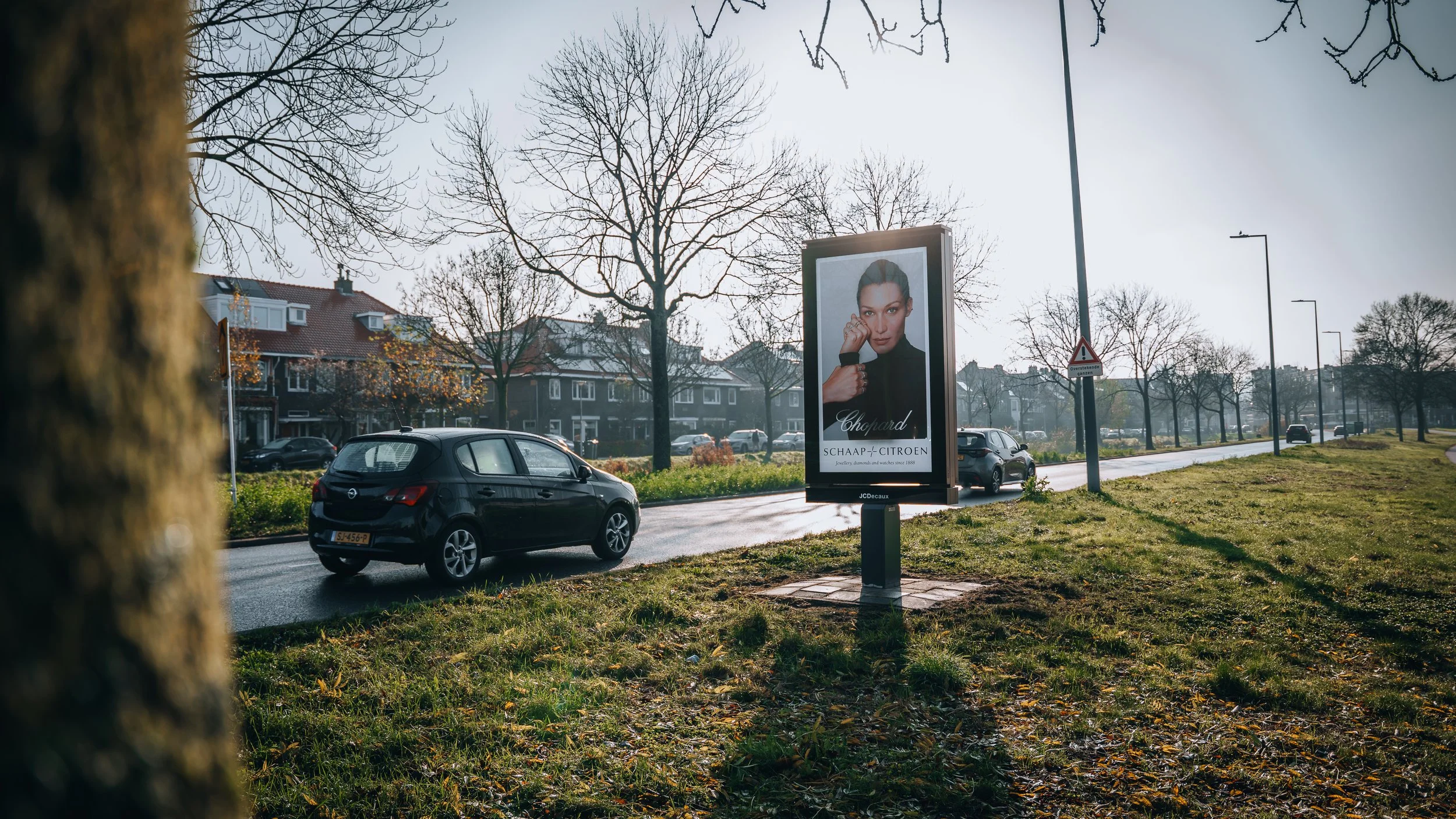 Straat met parkeergelegenheid, bomen zonder bladeren, een billboard met een vrouwenportret, en een zon die schijnt over de omgeving