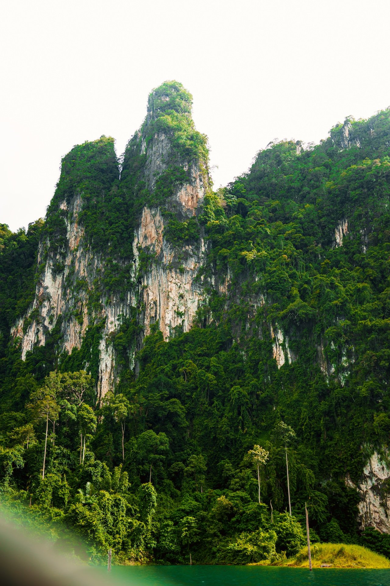 Groene bergformatie met dichtbegroeide bomen en rotsen, gelegen aan een waterlichaam.