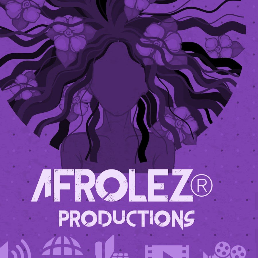 Purple-themed graphic with an illustration of a faceless woman with flowing hair and flowers, featuring the text 'AFROLEZ PRODUCTION' and icons of media and communication.