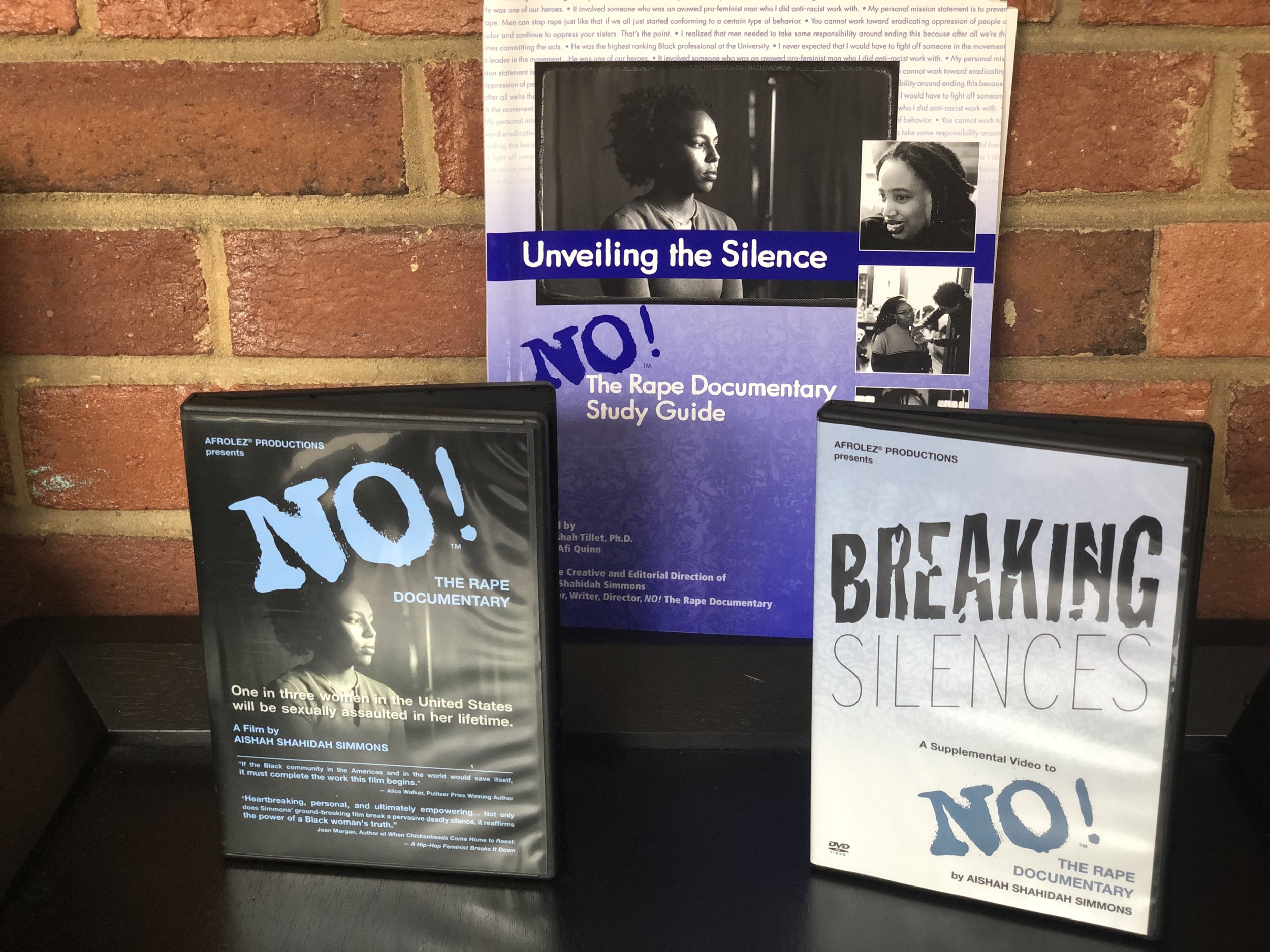Educational materials on domestic violence and sexual assault, including two DVDs titled 'NO! The Rape Documentary' and 'Breaking Silence,' and a study guide for a documentary titled 'Unveiling the Silence.'