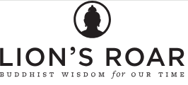 Logo with a silhouette of Buddha inside a circle above the text 'LION'S ROAR' and slogan 'Buddhist Wisdom for Our Time'.