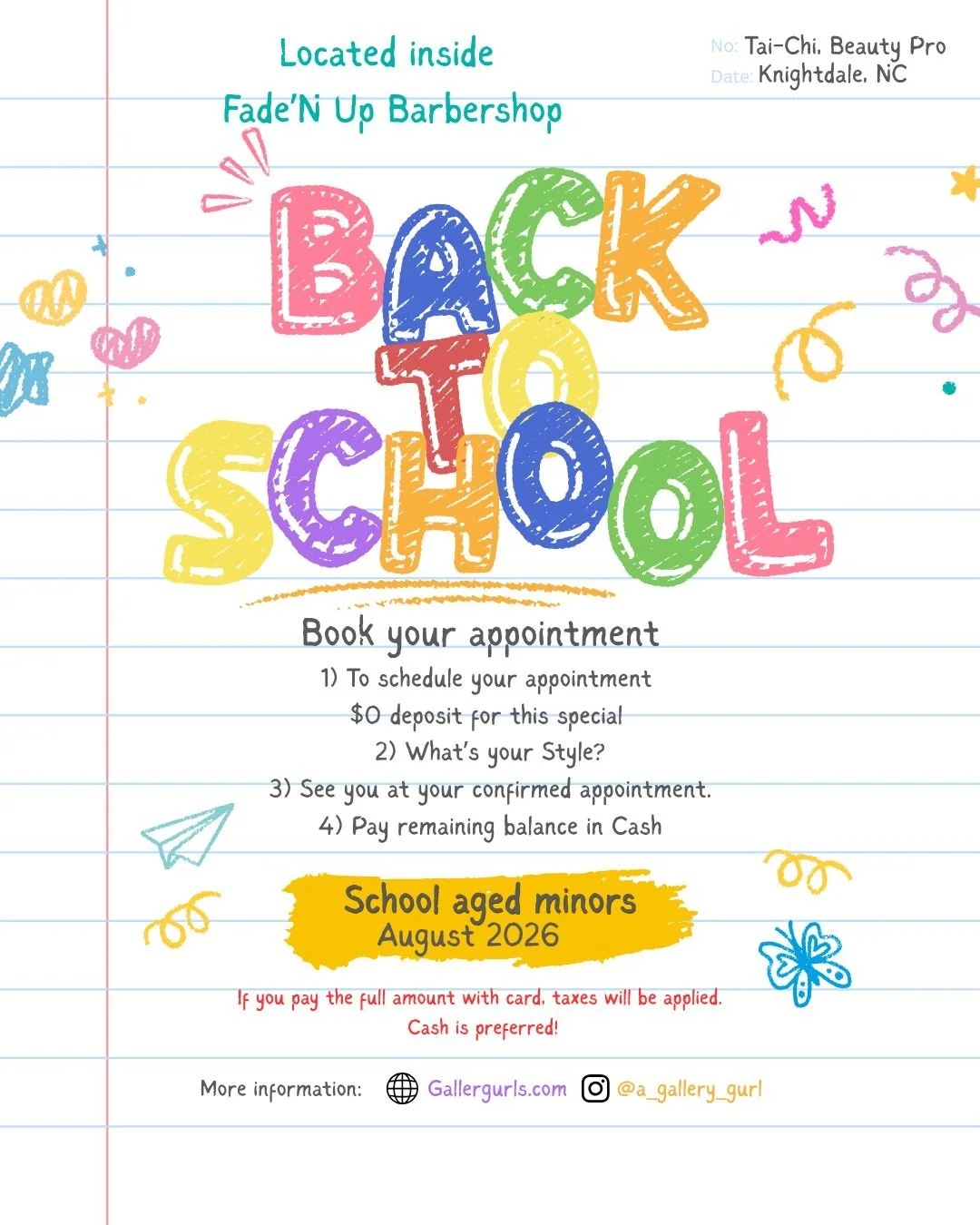 Colorful flyer for a school-aged children's haircut appointment at Fade'N Up Barbershop, August 2026, with booking instructions and contact information.