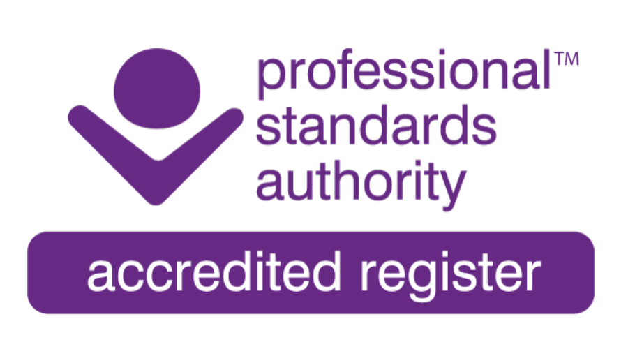A purple logo with an icon of a person with arms raised, text that reads 'professional standards authority,' and a purple badge below stating 'accredited register'.