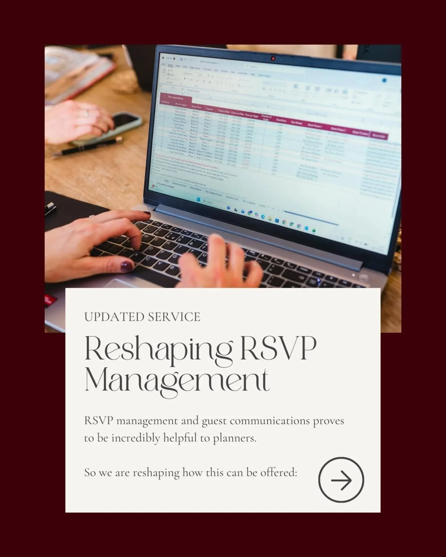 We love our large weddings but can only accommodate 5 per year. Therefore we are reshaping our RSVP management services so that it is more accessible for smaller parties who don't necessarily require the full "shebang"! The cost for this is