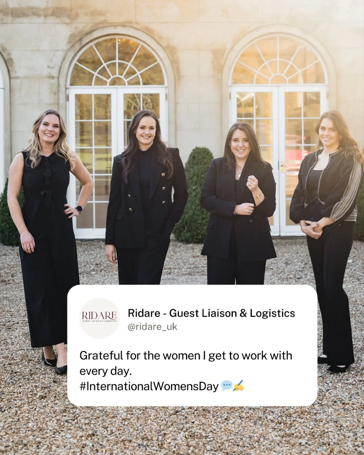 Ahead of tomorrow, it feels like a good moment to say thank you to the brilliant women I work with every single day. 

From the planners who we work so closely with on a daily basis ensuring their guests are looked after, to my internal Ridare team w