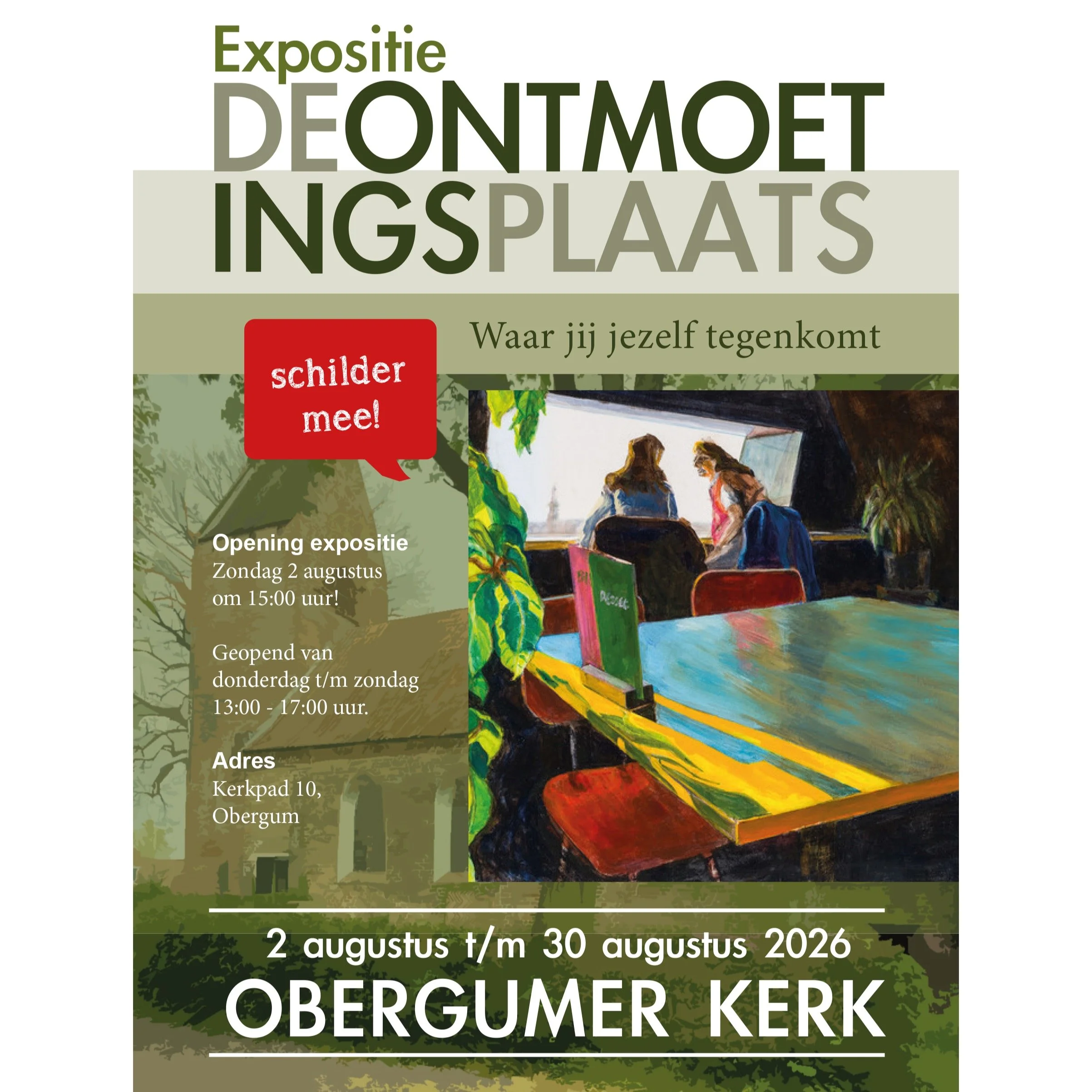 Kom naar de expositie 'De Ontmoetingsplaats: waar jij jezelf tegenkomt' in de Obergumer Kerk en schilder mee!

In de Kerk van Obergum in Winsum kun je genieten van het werk van elf afgestudeerden van de Klassieke Academie. Tijdens de tentoonstelling 