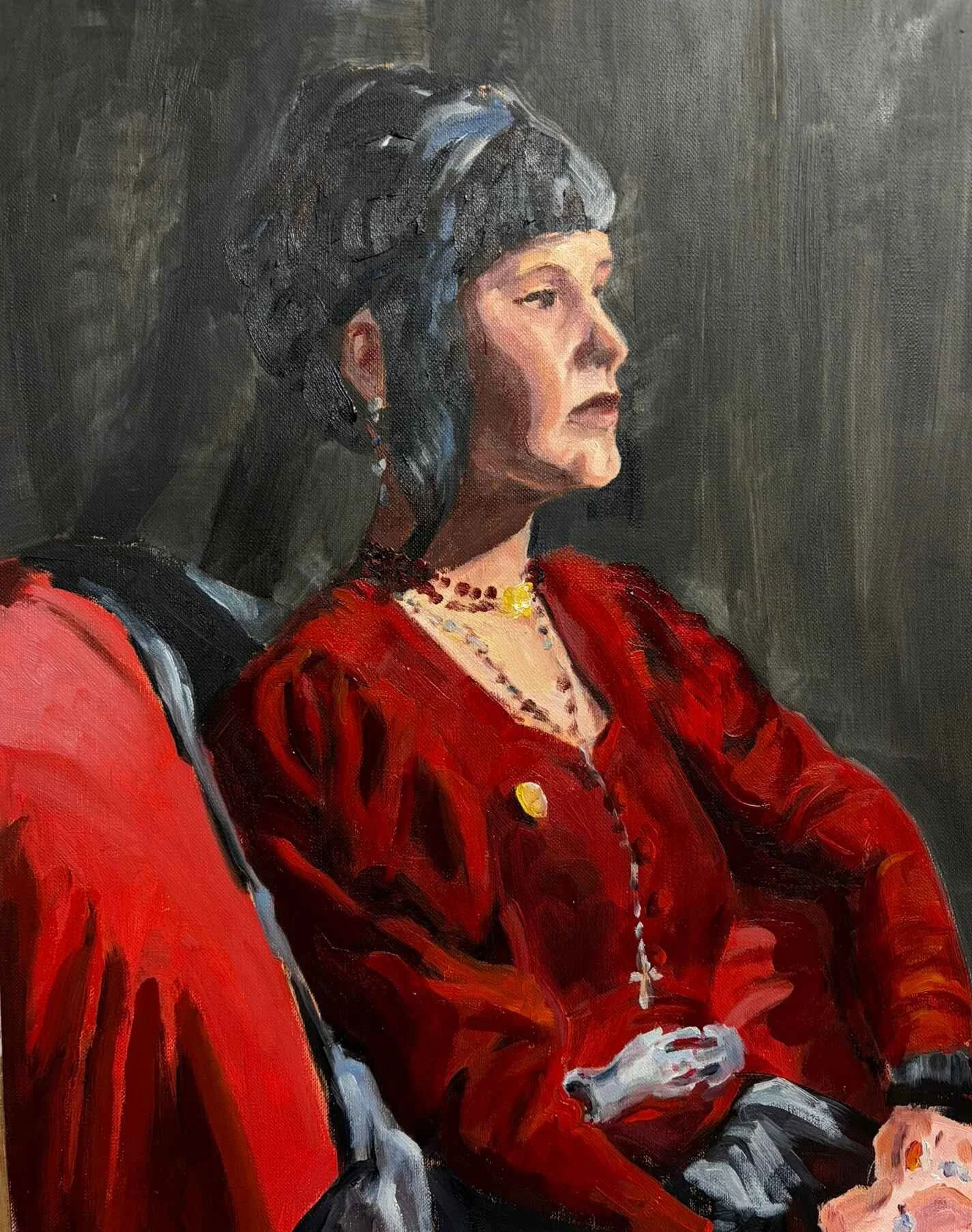 een schilderij van een vrouwelijk model gekleed in een rode jurk