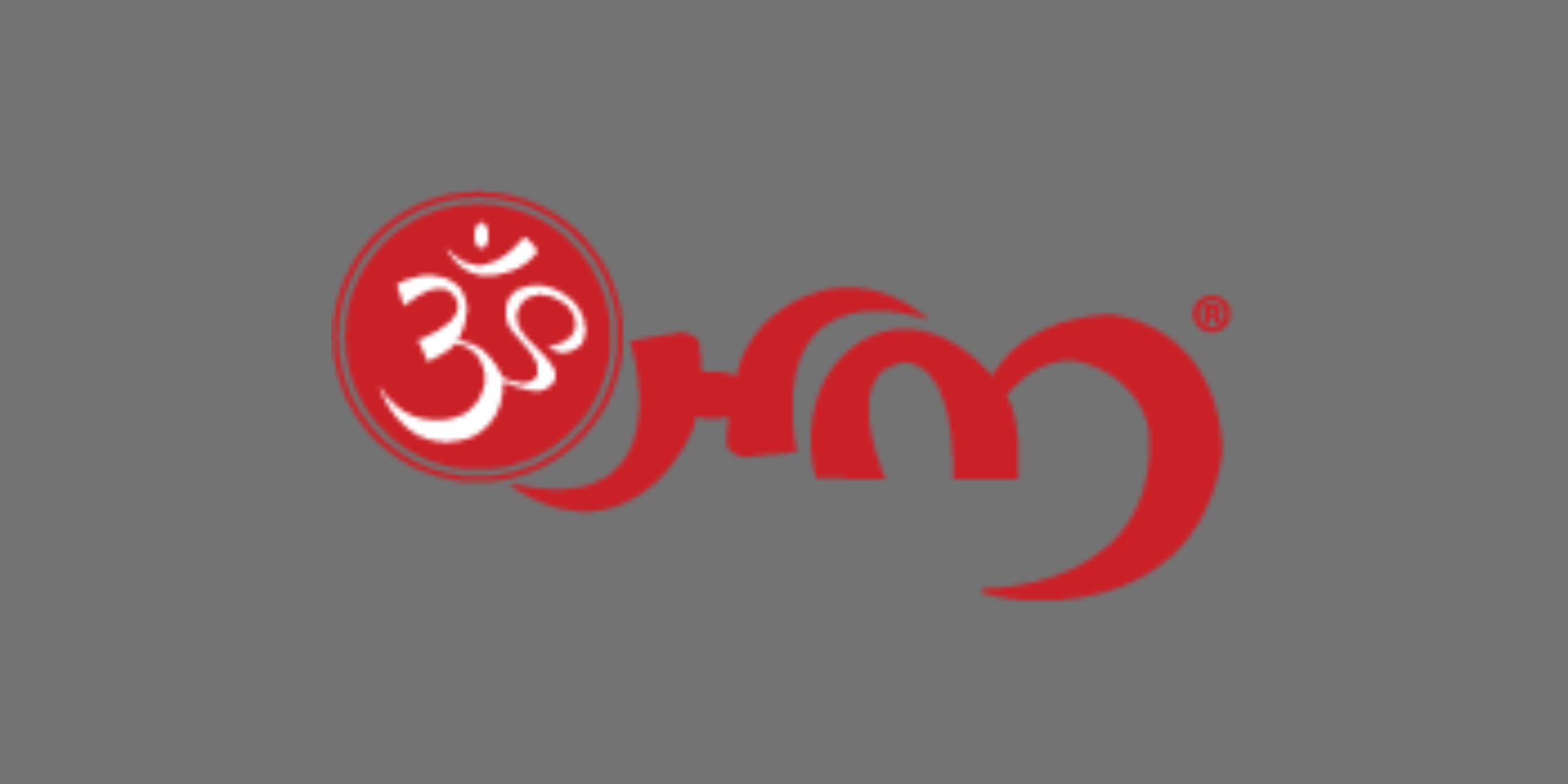 A logo with a red Om symbol inside a circle and stylized red letters on a gray background.
