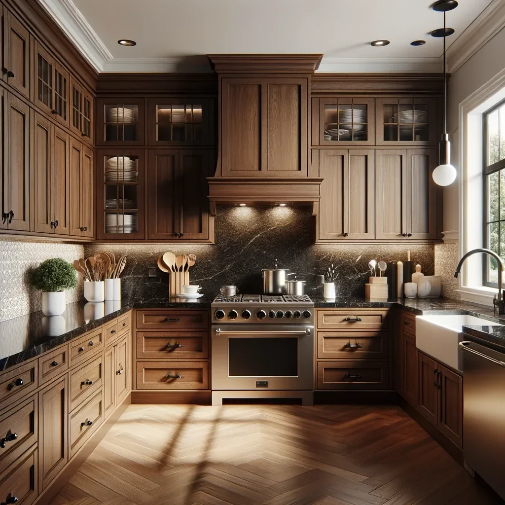 A cozy kitchen with dark wooden cabinets, black marble countertops, a stainless steel stove, and a large window letting in natural light.