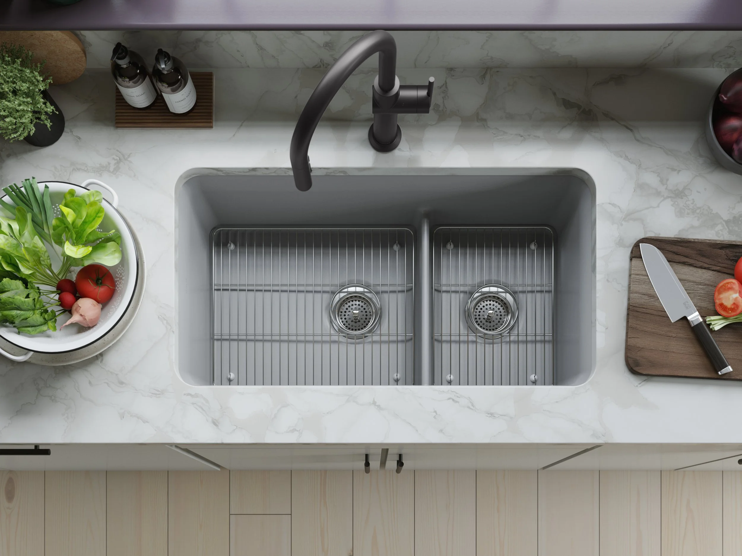 Overhead view of a kitchen sink and countertop with fresh vegetables, a knife, and cleaning supplies.