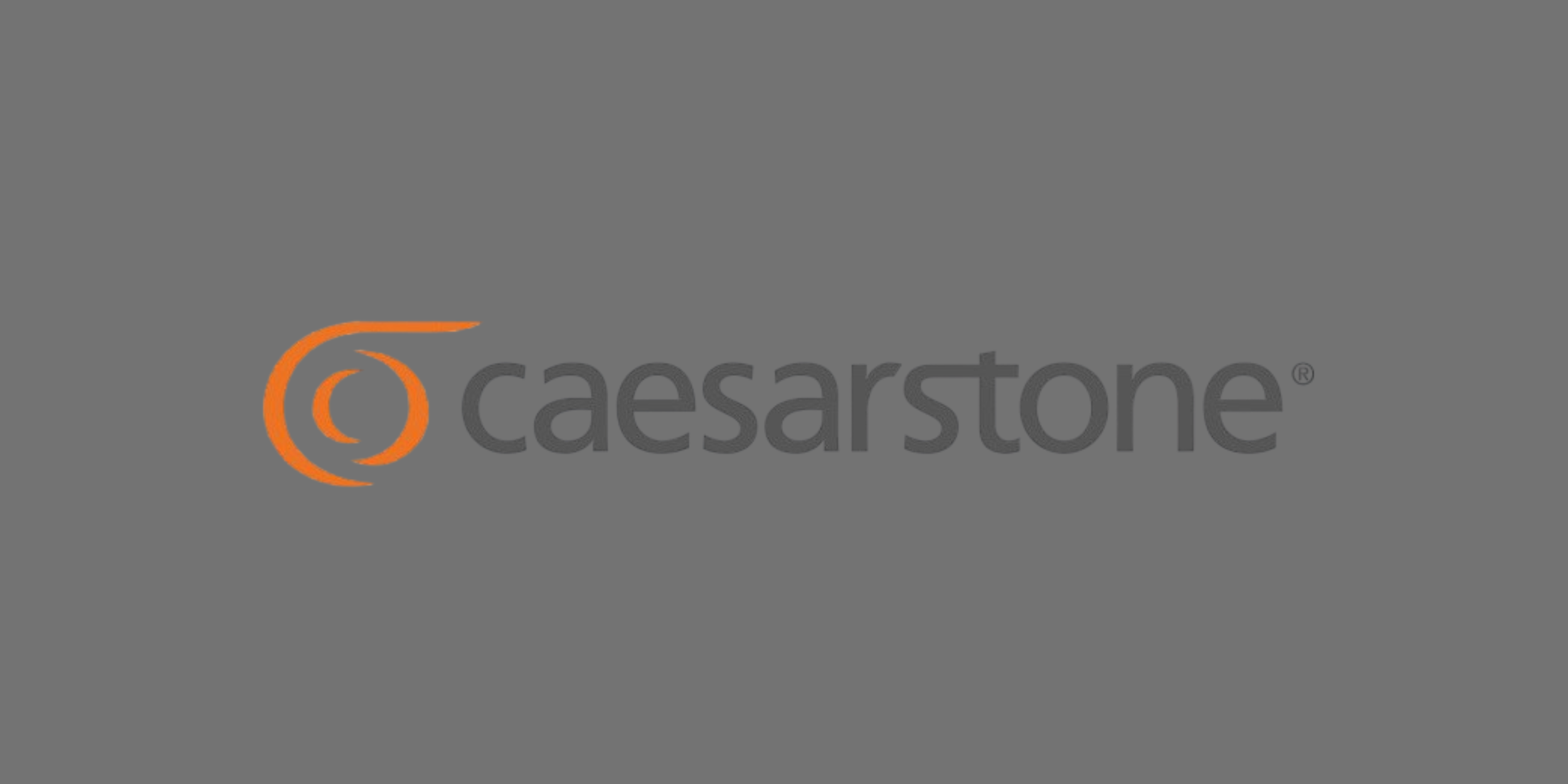 Caesarstone logo on a gray background with orange and gray design elements.