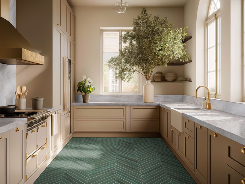 Bright kitchen with beige cabinets, marble countertops, large vase with green foliage, potted plant, open shelves with plates, and two windows letting in natural light.