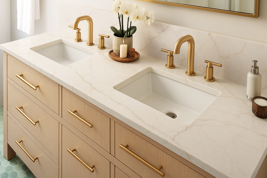 Double bathroom vanity with light wood cabinetry, gold handles, and marble countertop, featuring two undermount sinks with gold faucets, a mirror, and decorative items including white orchids, candles, and soap dispenser.