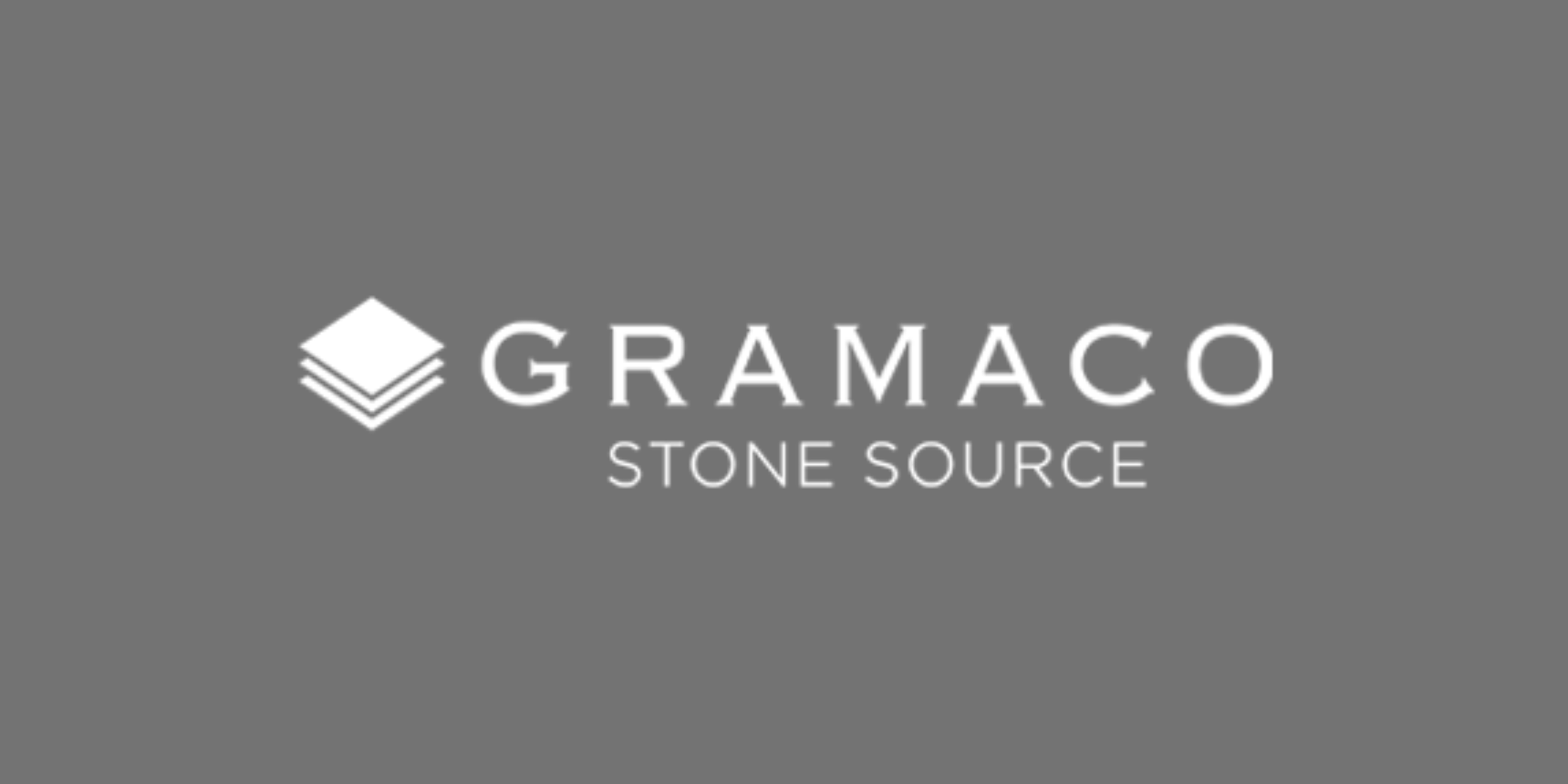 Gray background with white logo and text for Gramaco Stone Source, featuring a stylized stacked stone icon and company name.