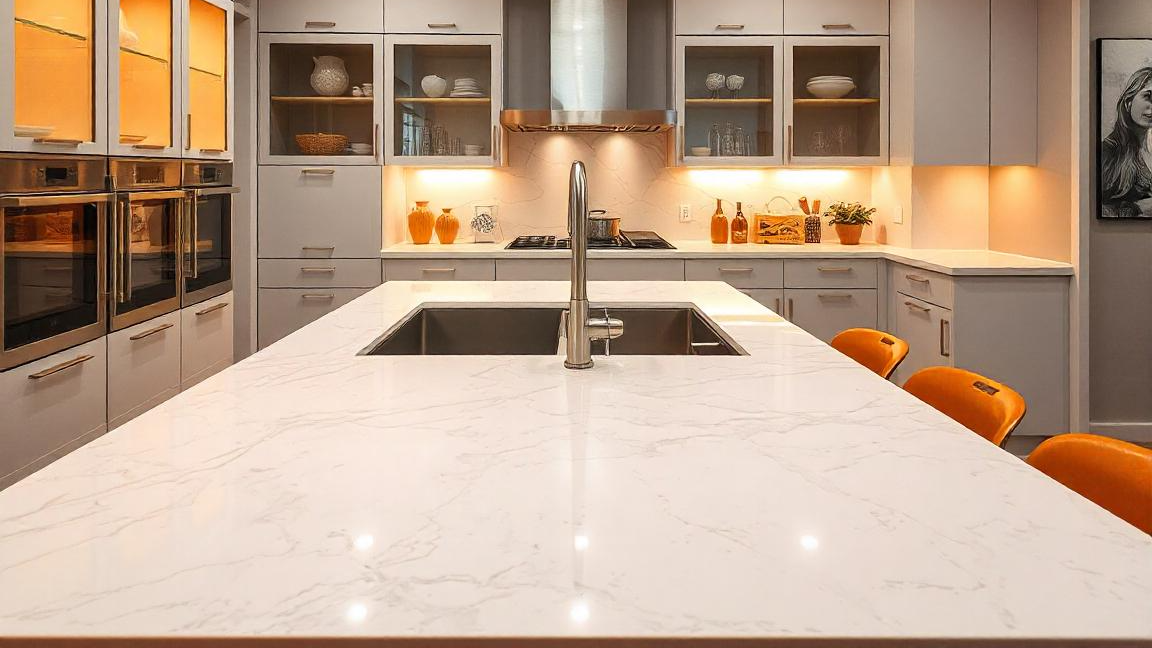Modern kitchen with white marble island, stainless steel sink, gray cabinets, and orange chairs.