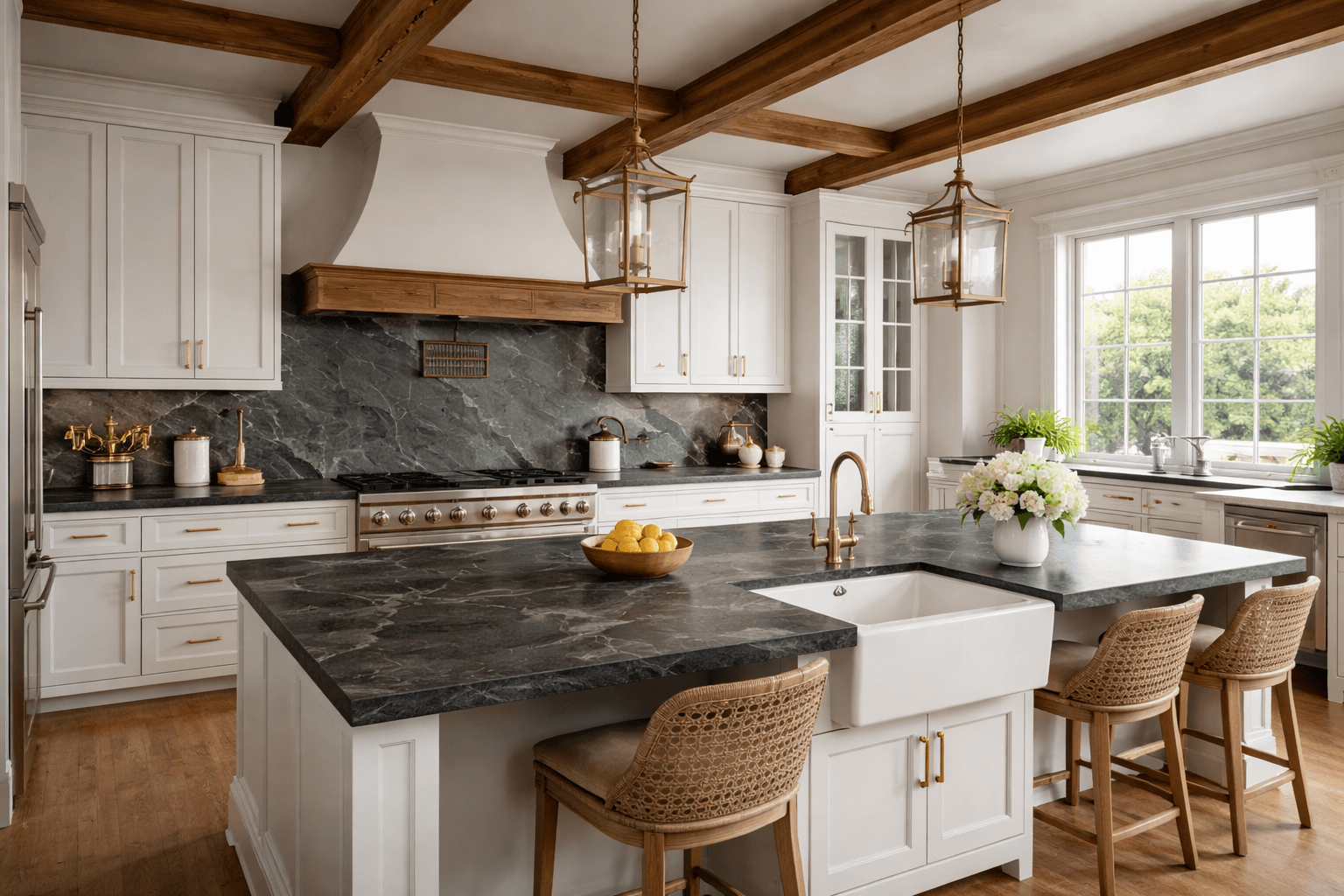 Modern kitchen with white cabinets, gray marble countertops, a large island with a farmhouse sink, and wooden accents. Large windows with greenery outside and hanging pendant lights.