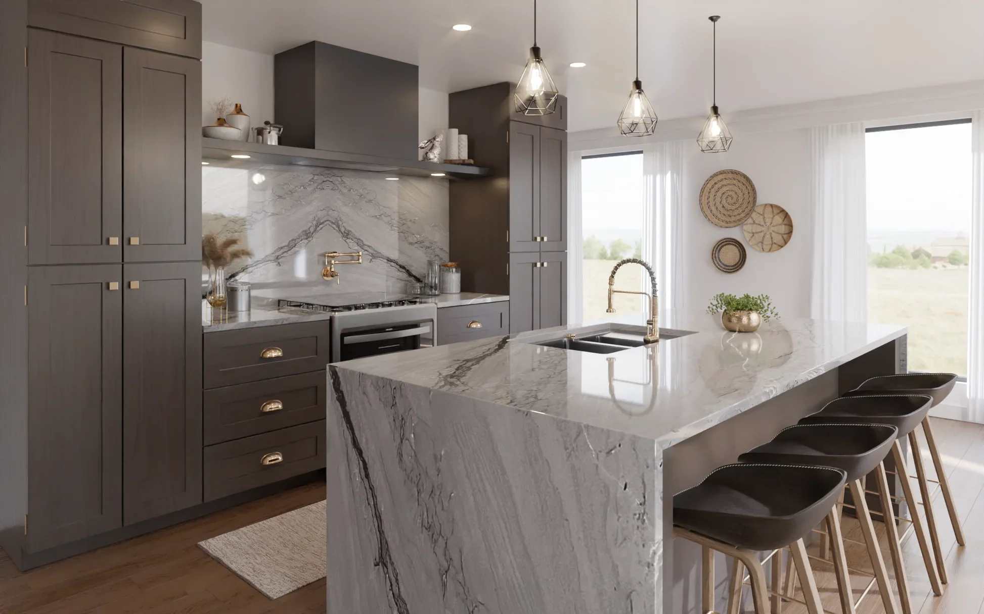 Modern kitchen with dark gray cabinets, marble backsplash, and a marble kitchen island with black bar stools. Large windows with white curtains and decorative wall accents.