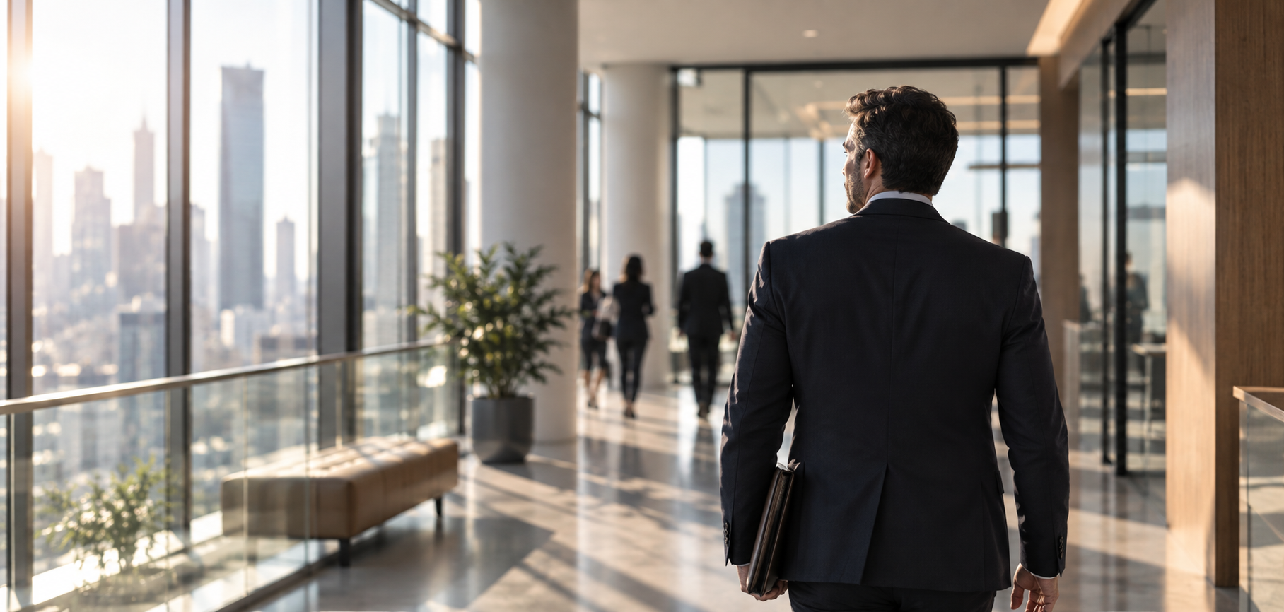 A businessman in a dark suit walking in a modern office building with large windows, city skyline view, and sunlight streaming in.