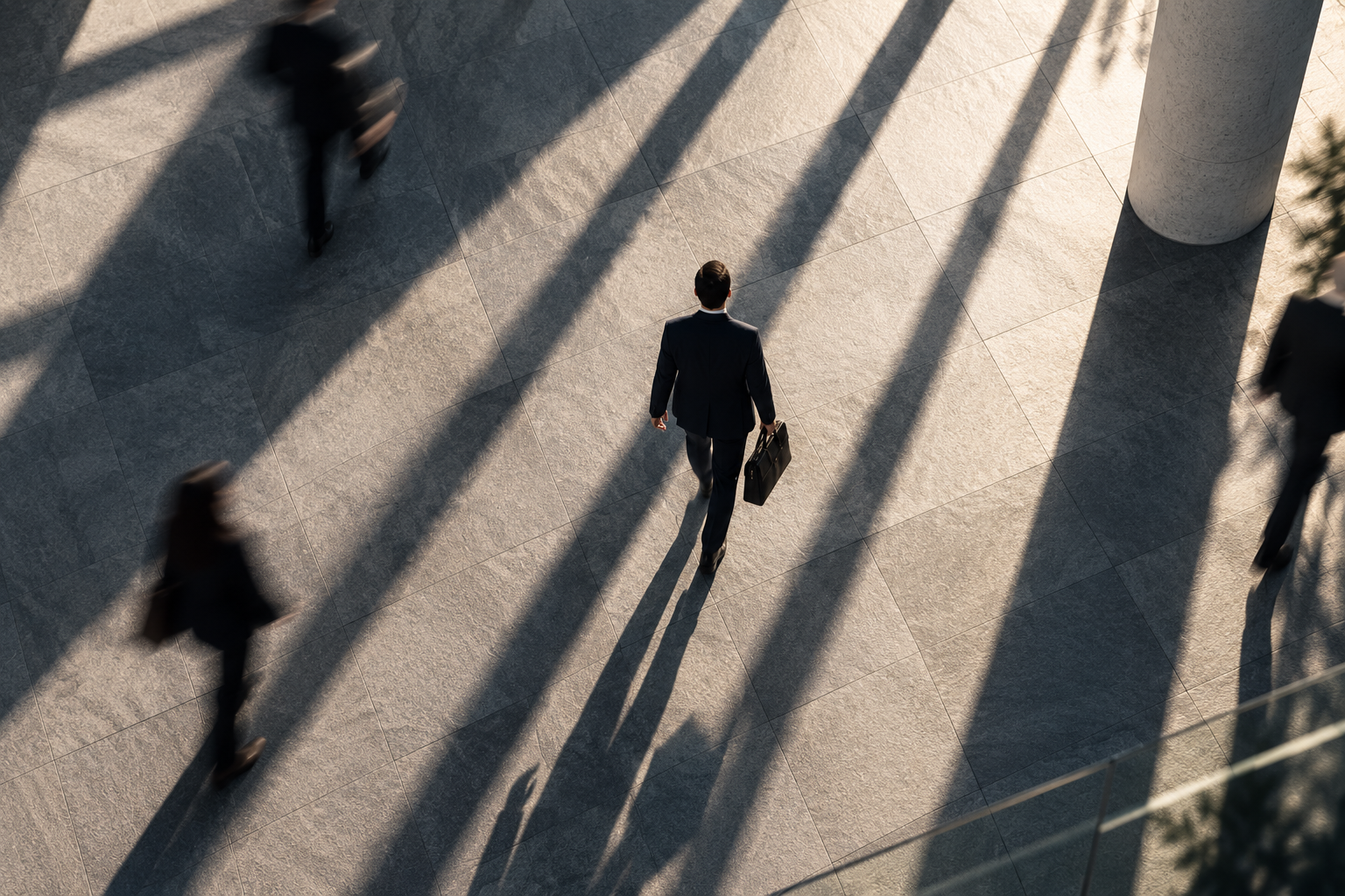 A man in a business suit carrying a briefcase walking alone on a tiled outdoor plaza with long shadows cast by nearby columns or structures, surrounded by other blurred pedestrians.
