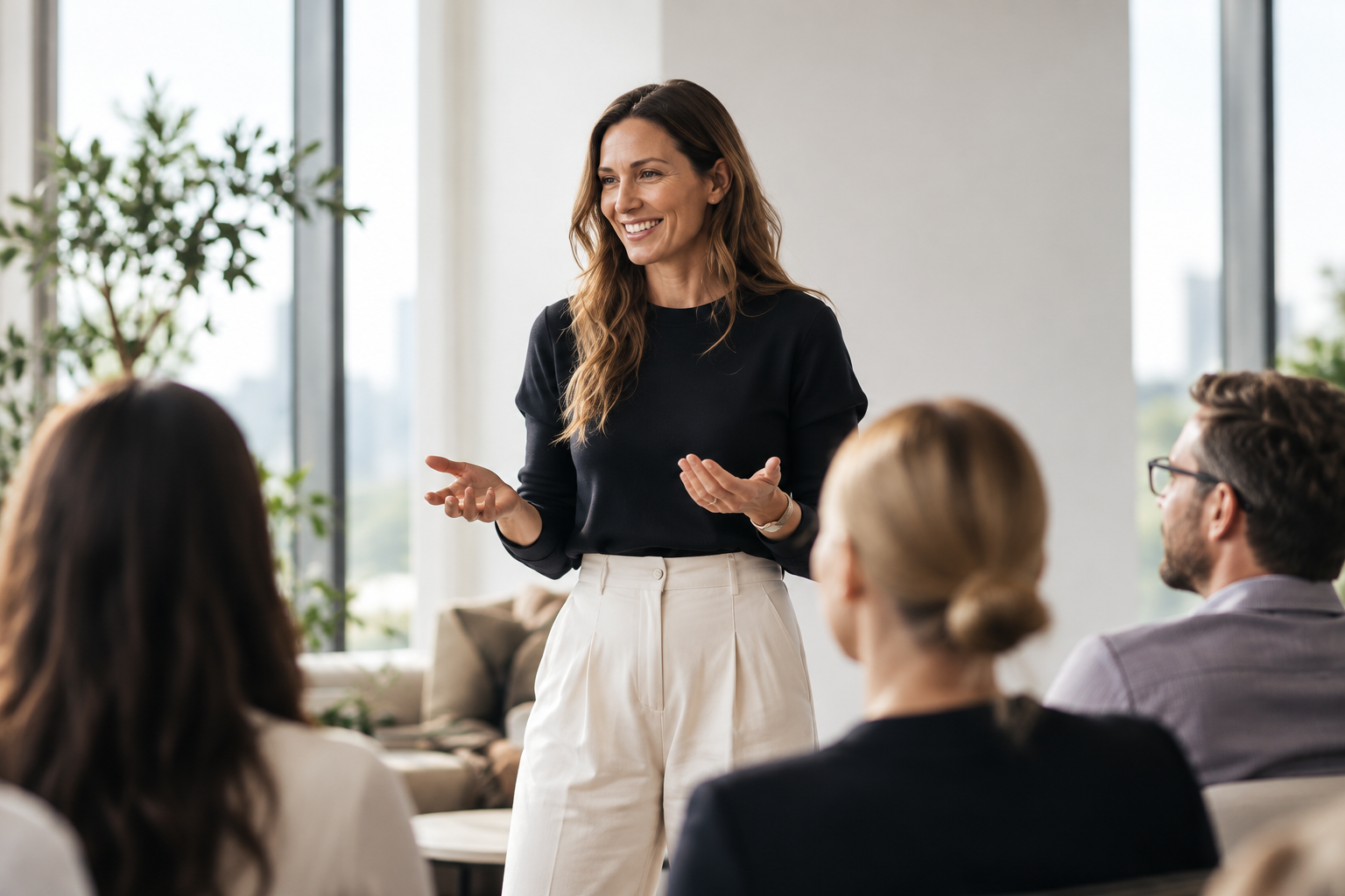 A woman with wavy brown hair stands and talks in front of a group in a modern office or conference room, smiling and gesturing with her hands, while three people listen.