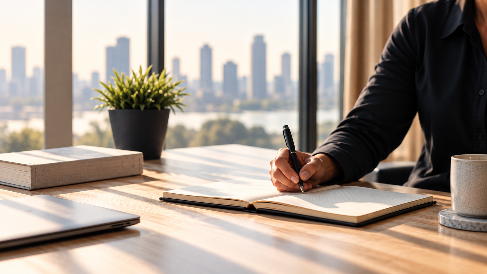 Person writing in a journal at a desk with a city skyline view, a potted plant, a closed laptop, a book, and a coffee mug.