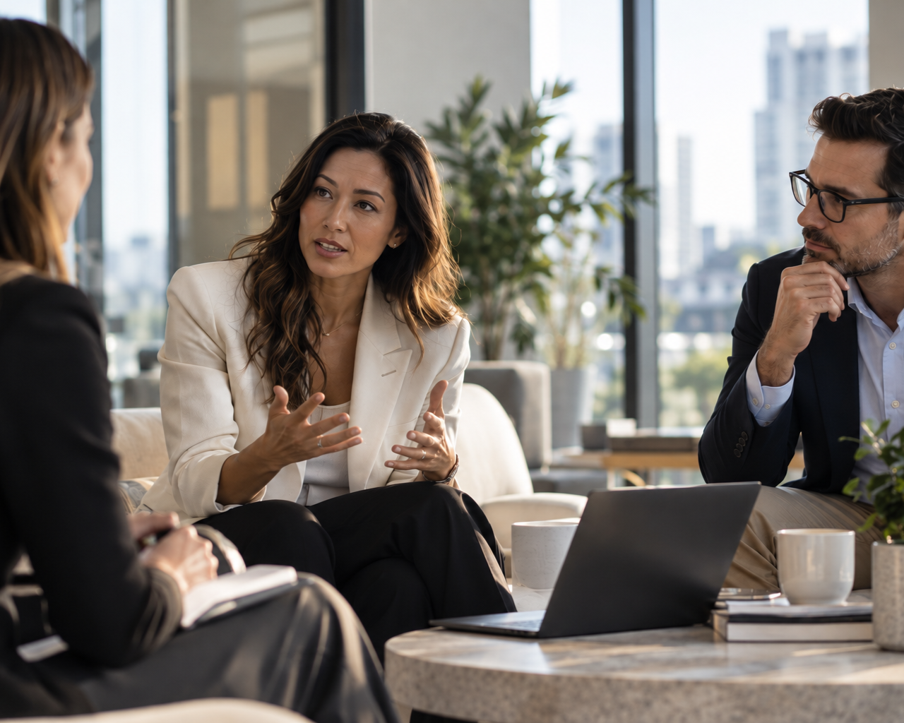 Three people having a business meeting in a modern office with large windows, a woman speaking and two men listening.