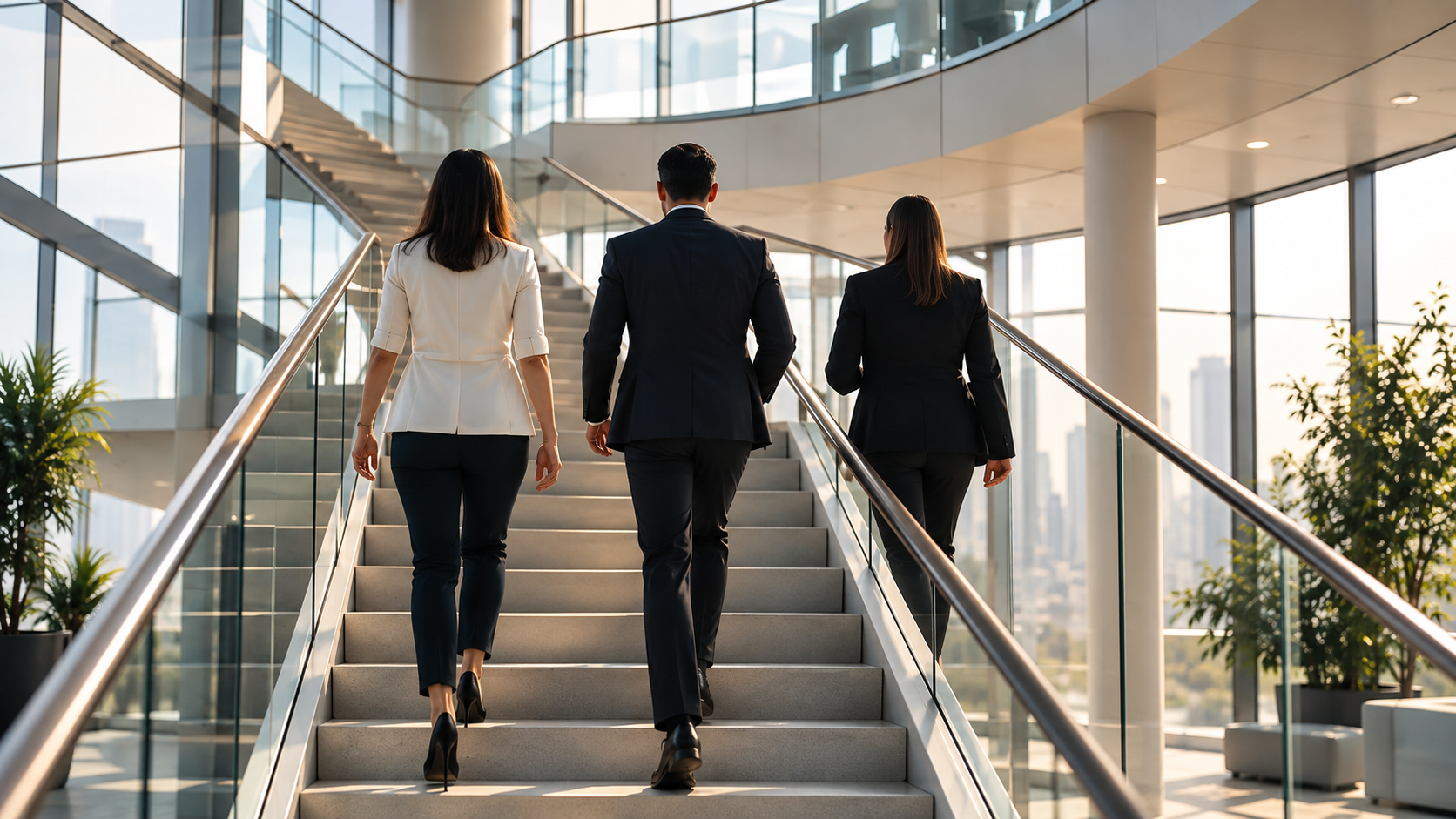Three business professionals, two women and one man, walking up a wide stairs inside a modern office building with glass walls and city views.