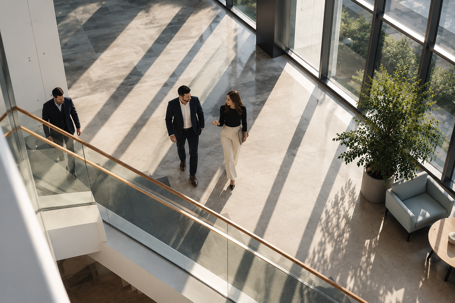 Three business professionals walking and talking inside a modern office building with large windows and natural sunlight.