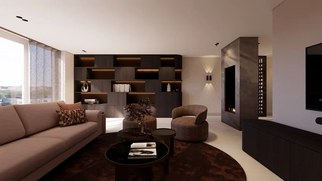Een woning waarin zachte, ronde vormen, warmte en rust centraal staan. De ronden vormen zorgen voor een uitnodigende en harmonieuze sfeer, terwijl de doorkijkhaard als echte eyecatcher de verschillende ruimtes op een stijlvolle manier met elkaar verb