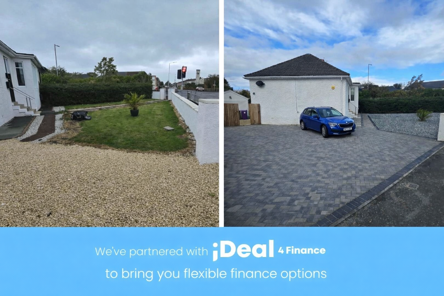 Side-by-side comparison of a house's front yard before and after driveway renovation. The left shows a small yard with a gravel driveway, grass patch, and a potted plant. The right shows a paved driveway with a blue car parked, and a house with white walls and a tiled roof.