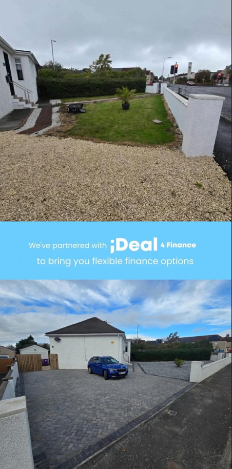 Comparison of two driveways: the top shows a small, uneven gravel and grass yard with some tools, while the bottom shows a newly paved, smooth driveway with a parked blue car.