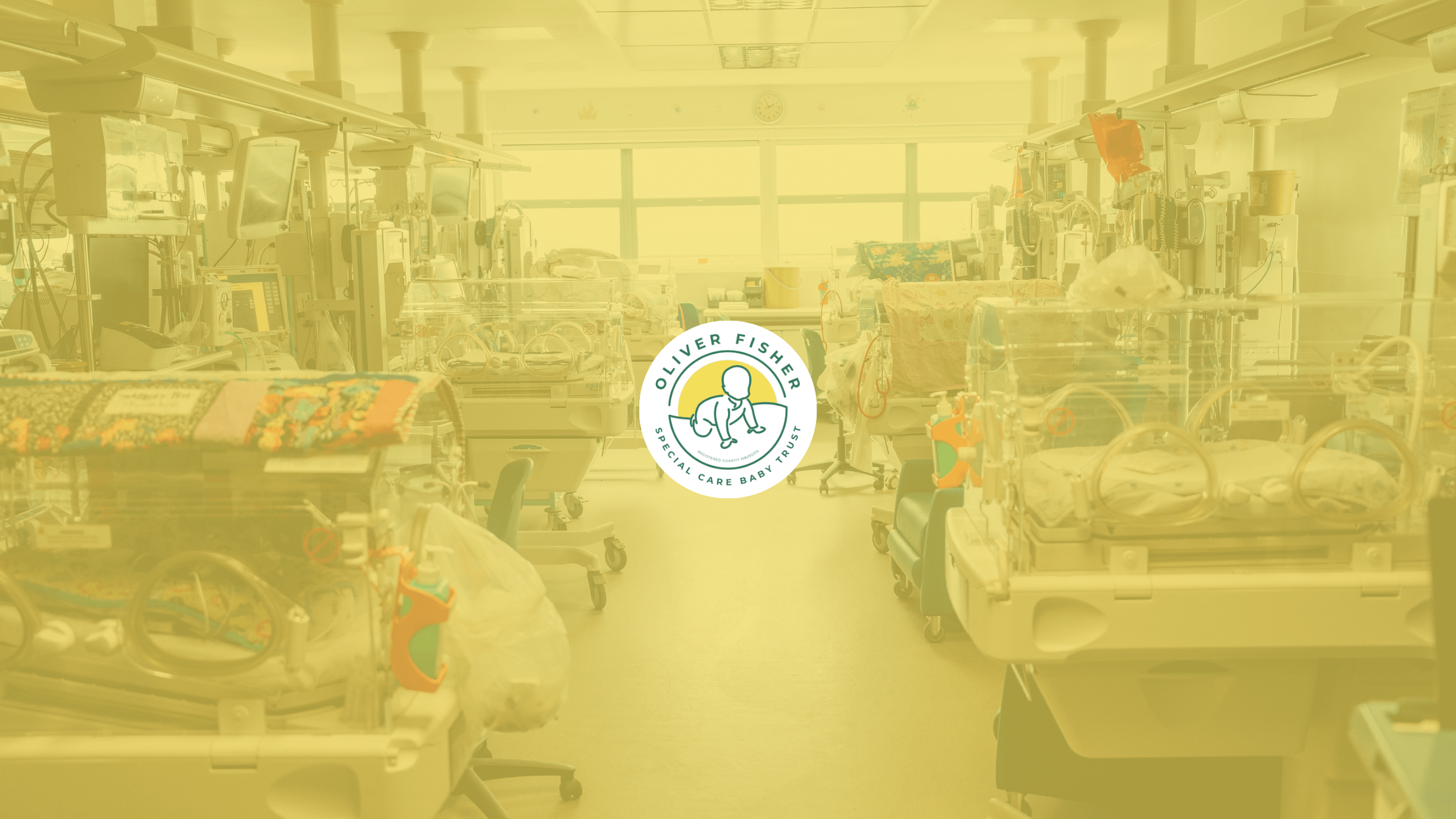 Neonatal intensive care unit with multiple incubators hospital equipment and baby care stations arranged across a ward with logo overlay