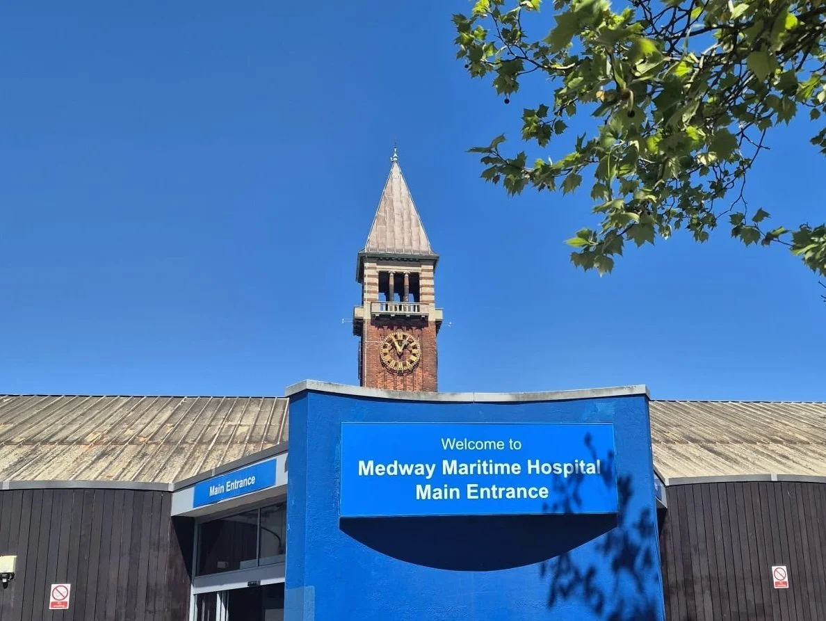 Blue sign entrance to Medway Maritime Hospital where the neonatal unit is based on a sunny day