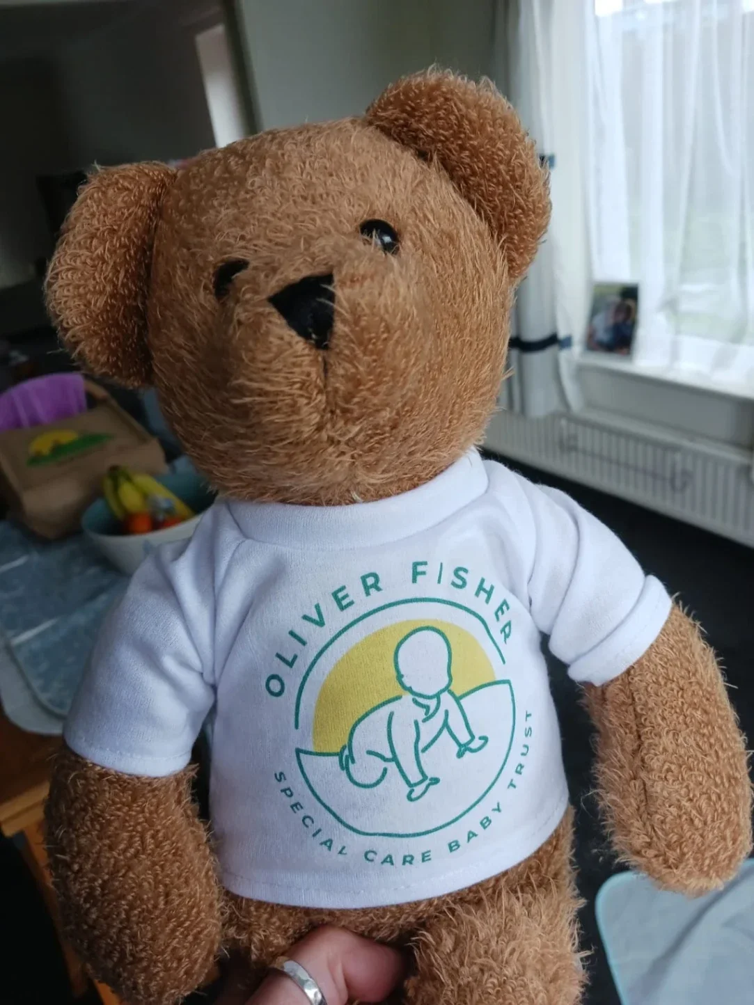 Teddy bear wearing a The Oliver Fisher Special Care Baby Trust t-shirt sitting indoors
