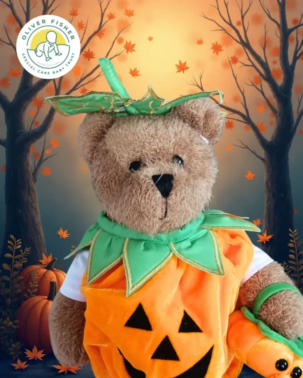 Teddy bear dressed in autumn-themed outfit with leaf details set against seasonal illustrated background