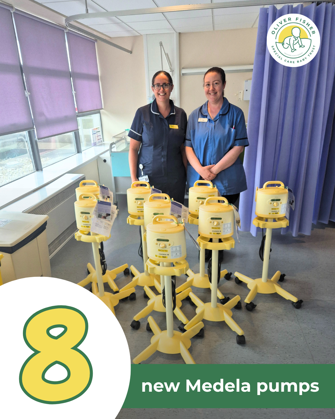 two nurses stand smiling behind 8 yellow medela breastpumps on a hospital ward
