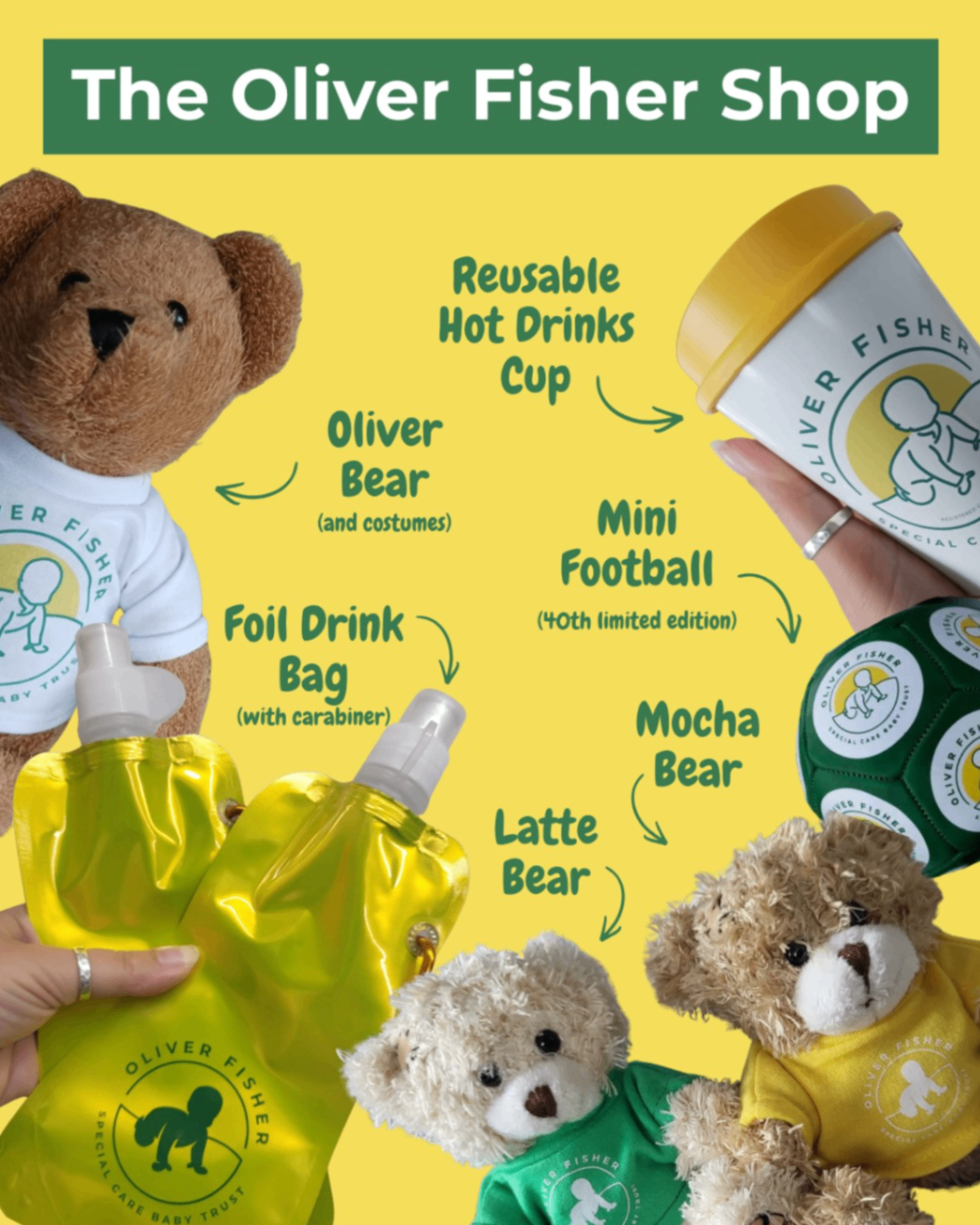Graphic highlighting merch shop items including teddy bears reusable cup mini football and drink pouch with labels