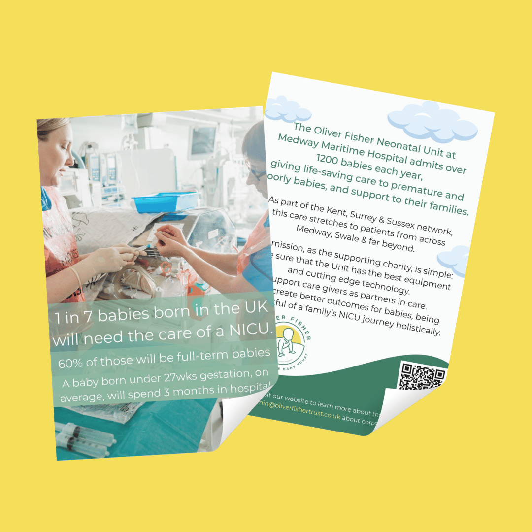 Two flyers showing NICU statistics and charity information on yellow background