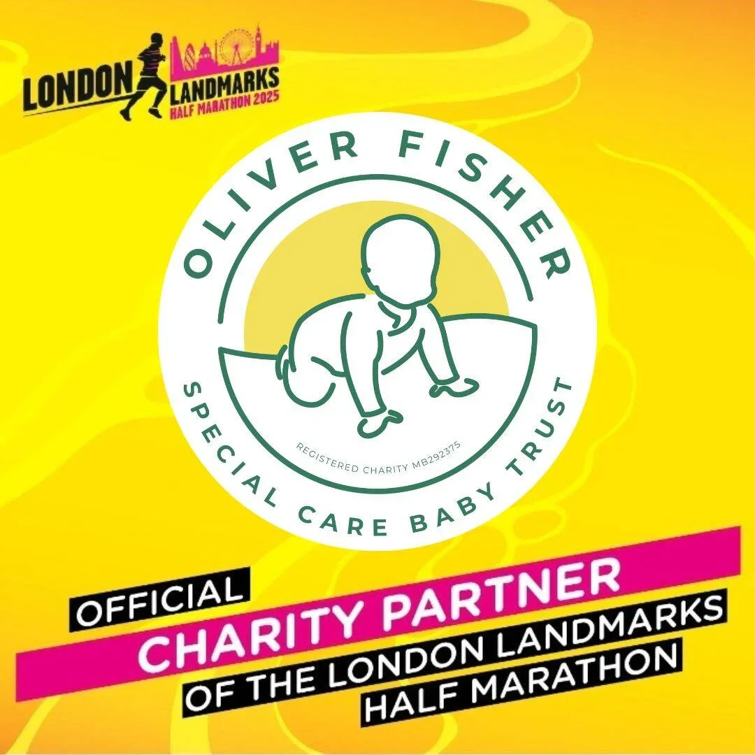Bright yellow promotional graphic featuring The Oliver Fisher Special Care Baby Trust logo and London Landmarks Half Marathon branding