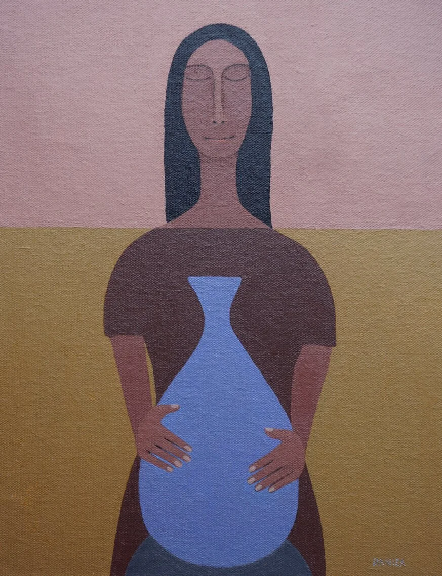 Figura femenina, Alfarera, acrílico sobre lienzo,  Daniza, 2025, arte contemporáneo figurativo latinoamericano.